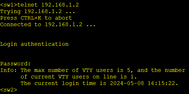 `telnet 192.168.1.2`命令