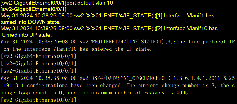 sw2的`port default vlan 10`命令